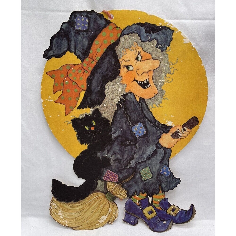 Vintage Hallmark Halloween Witch Riding Broom Cat Die Cut Wall Decoration 12”
